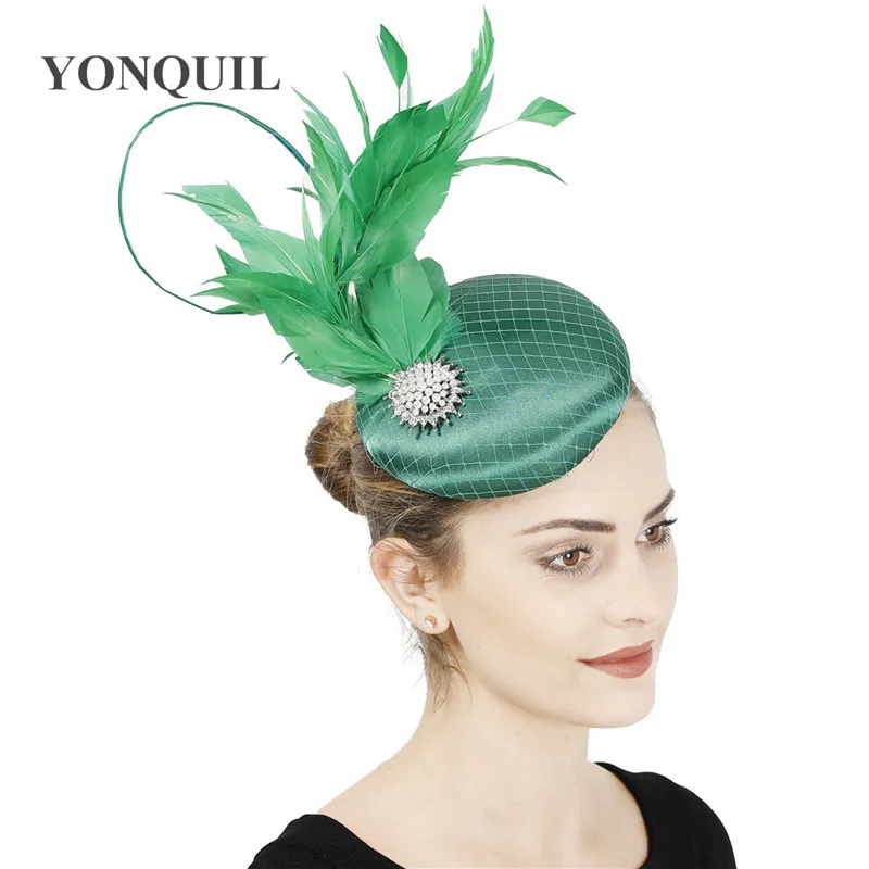 Satin Green Fashion Wedding Fascinator Hat Bridal Elegant Headpiece With Fancy Feather Hair Accessories Formal Chuch Occasion