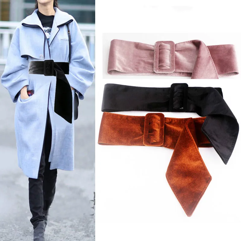 Women\'s Wide Decorative Waist Belt Fashion Female Square Buckle Flannelette Black Blue Wide Belts for Women Design High Quality