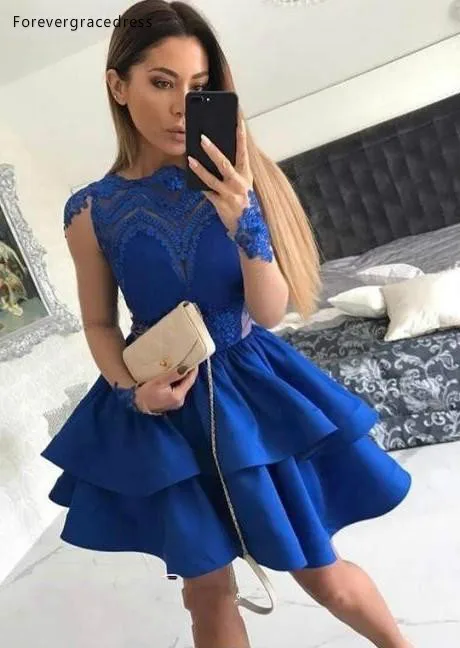 2019 Cheap Royal Blue Cocktail Dress Long Sleeves Lace Appliqued Short Mini Semi Club Wear Homecoming Party Gown Plus Size