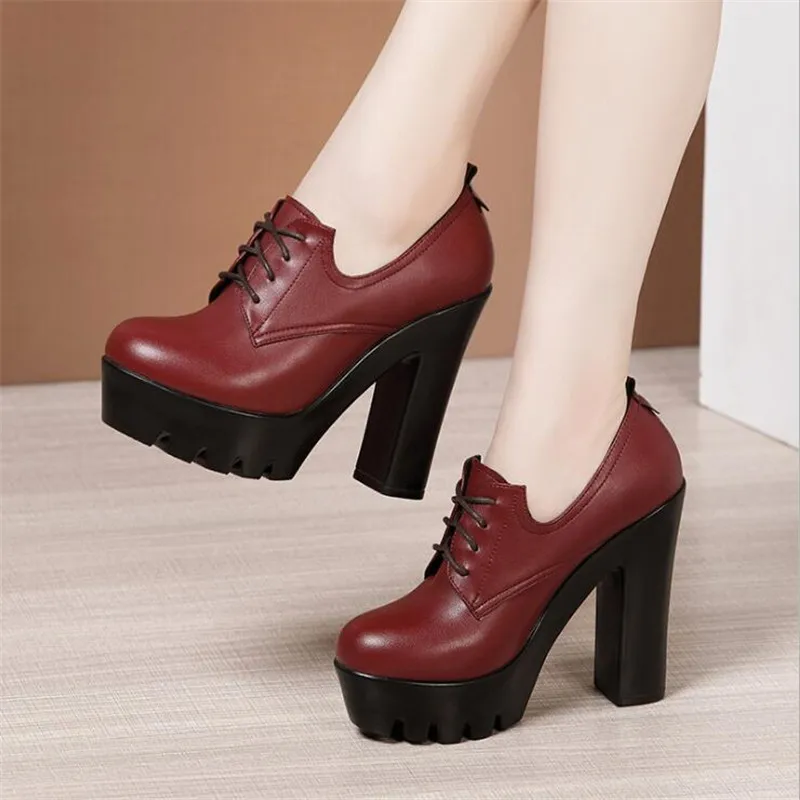 Women Pumps Shoes Deep Mouth Pointed Toe Leather Shoes Spring Autumn Black High Heels Fashion Lace up Office Shoes Ankle Boots