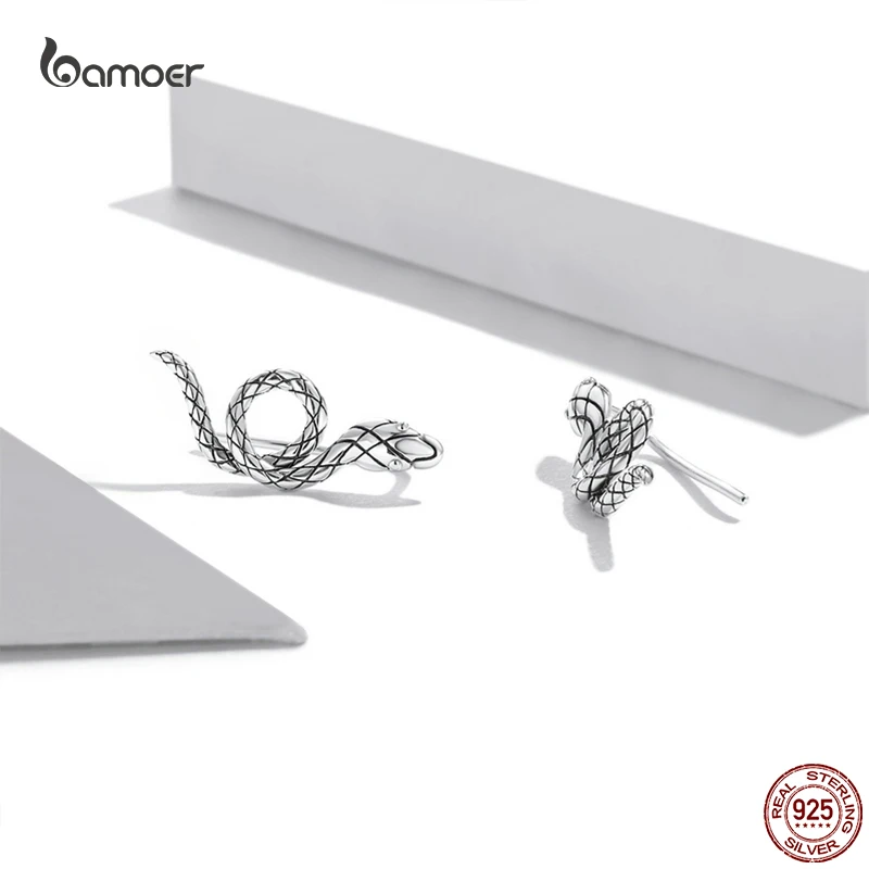 Bamoer New Classic Cute Snake Ear Studs for Women Genuine 925 Sterling Silver Animal Vintage Earrings Fashion Quality Jewelry