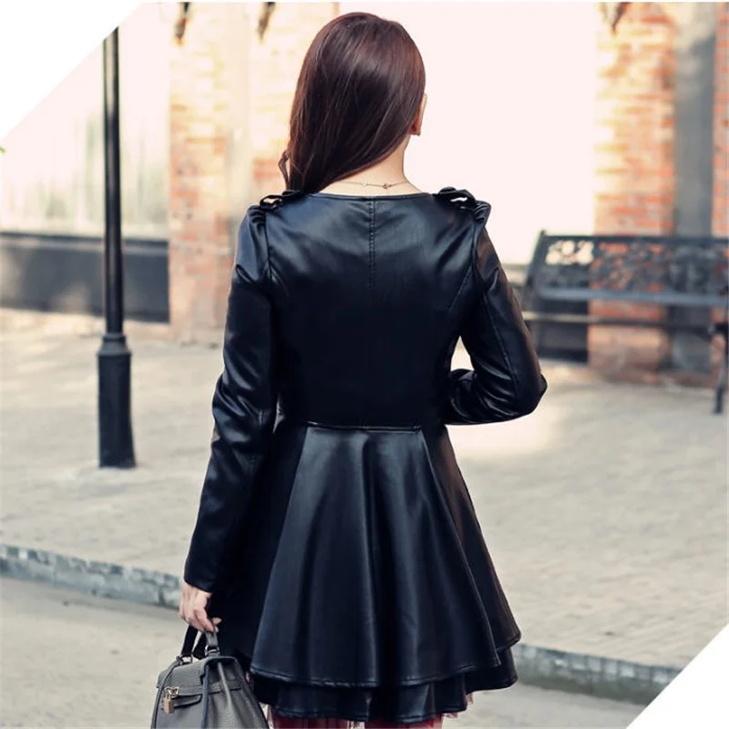 

Leather Autumn Trench Coat For Women Plus Size 6XL Long Sleeve Single Breasted PU Leather Jackets Female Leather Dress Black
