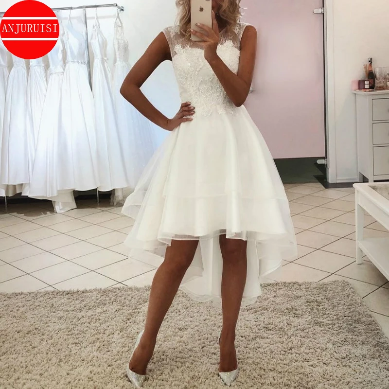 Vestido De novia corto De encaje Simple, traje Sexy bohemio con parte delantera alta y espalda baja, con apliques De cuentas De Organza, para playa, 2020