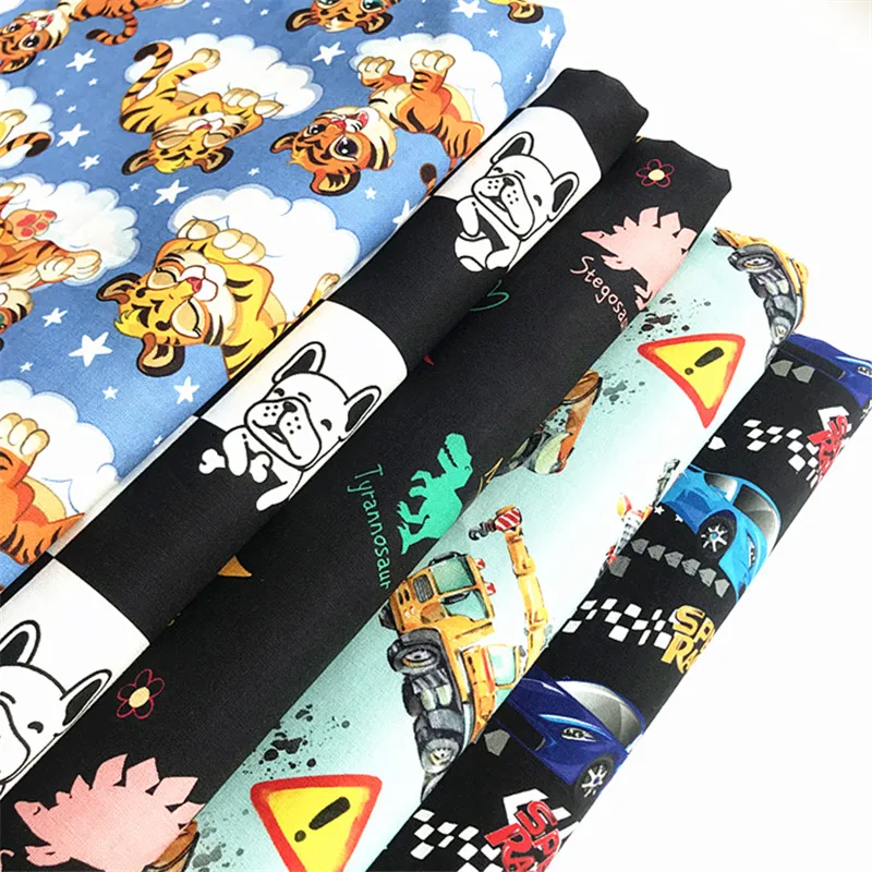 

2021newest dog drago desgin 100%cotton tiger printed fabrics boy car pattern clothing kid's bed sheet DIY quilting hometextile