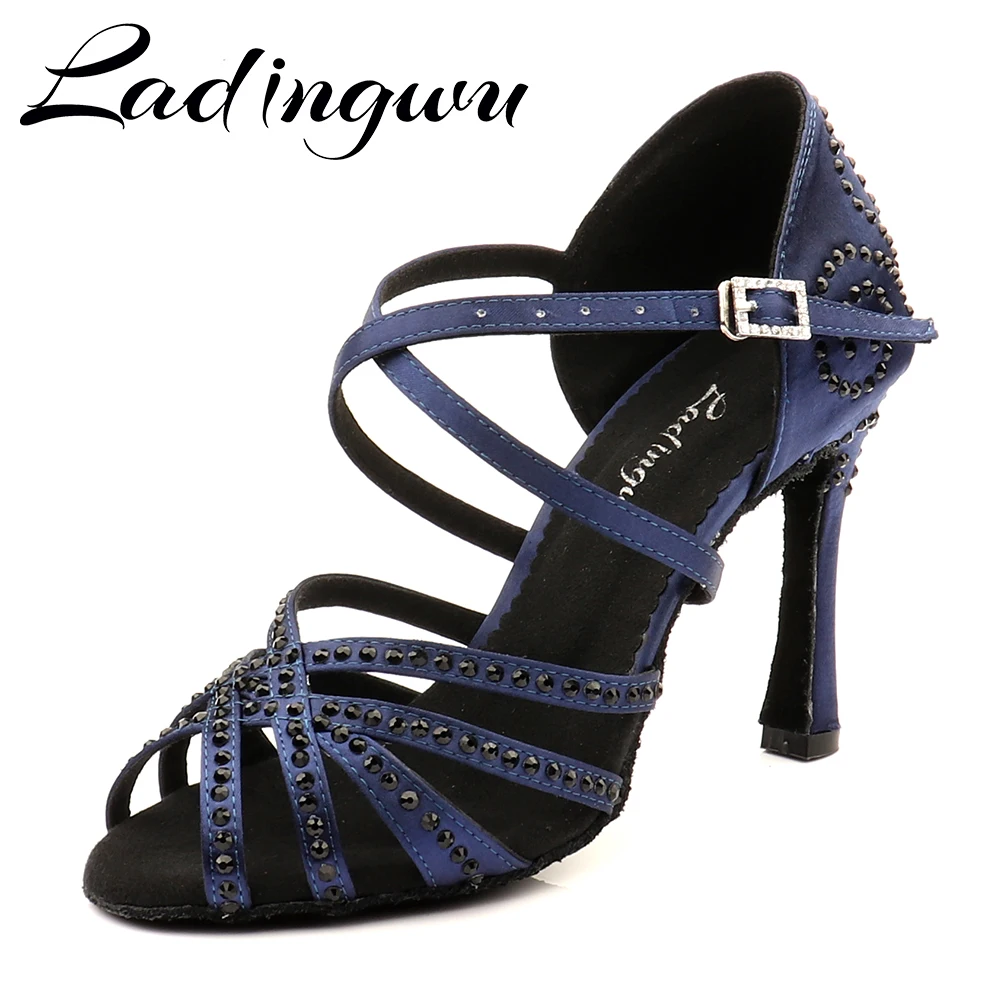 Ladingwu-zapatos de baile latino para mujer, sandalias deportivas de satén azul marino con tacón, para Salsa y salón