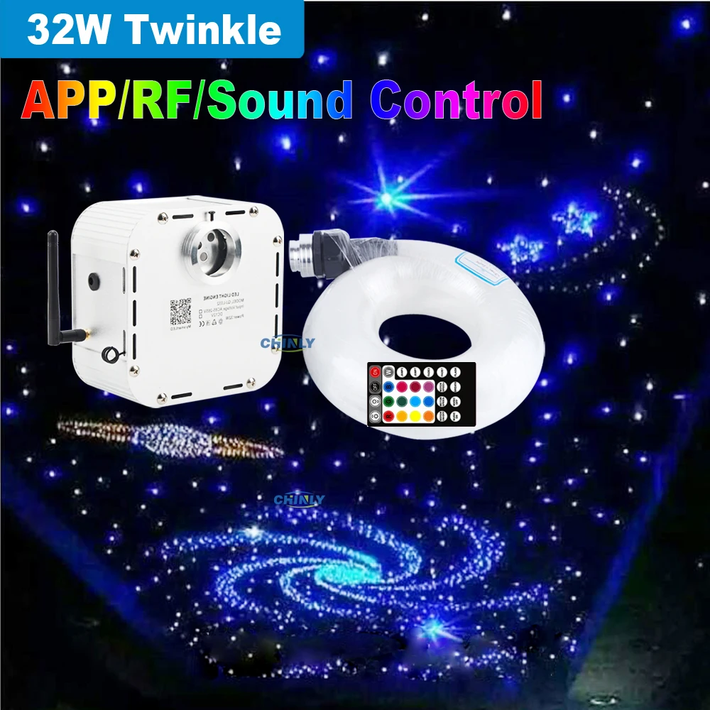 

Bluetooth Twinkle Fiber Optic Light 32W RGBW LED RF Remote Control 4m 830 Strands Mixed Fibers Optic Cable