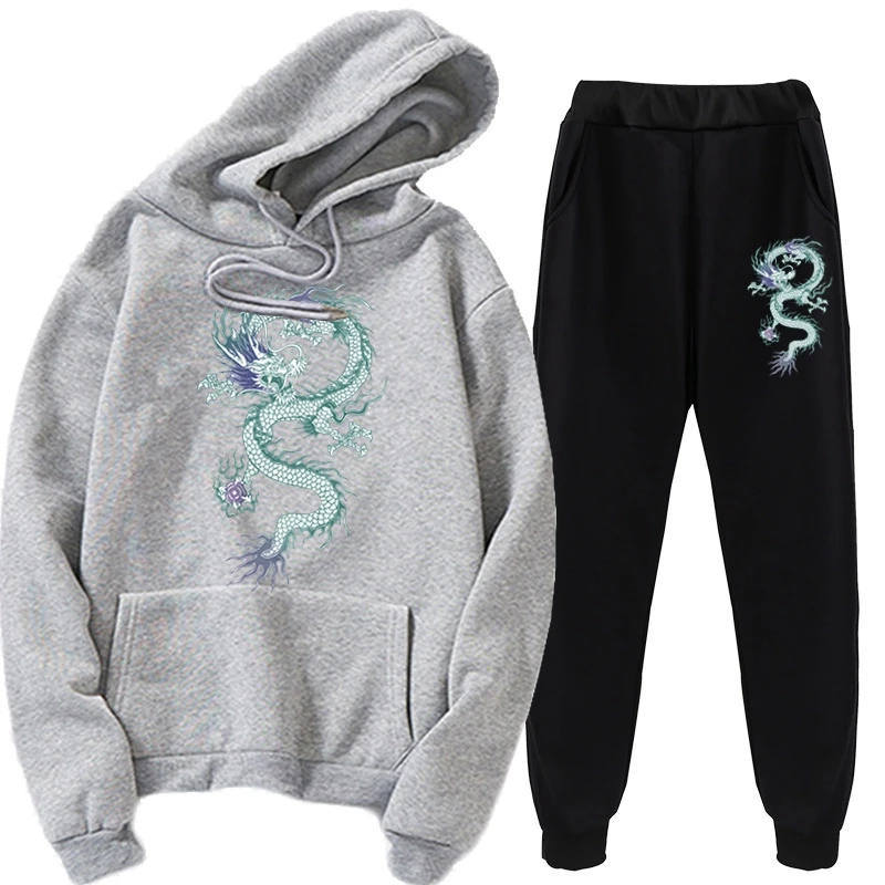 Bargain sale Retro Dragon Clouds Tracksuits Two Pieces Set Fleece Hooded Oversize Sweatshirt Pant Suit Winter Casual Outfits