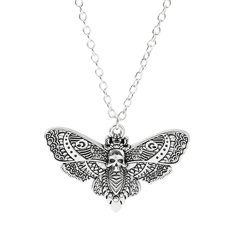 Gothic Skull Moth Layered Necklace Vintage Women Simple Wiccan Death Moth Jewelry Butterfly Insect Pendant Punk Necklace