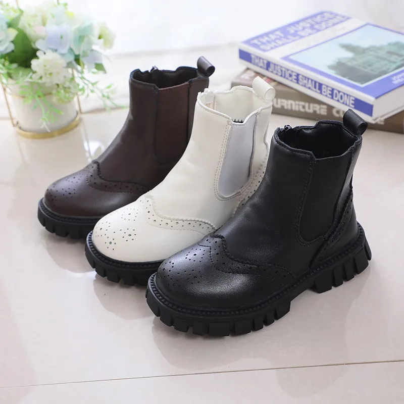 Children Chelsea Boots Fretwork British Style Kids Short Boots Warm Winter Zipper Fashion Elegant Platform Boys Girls Flat Shoes