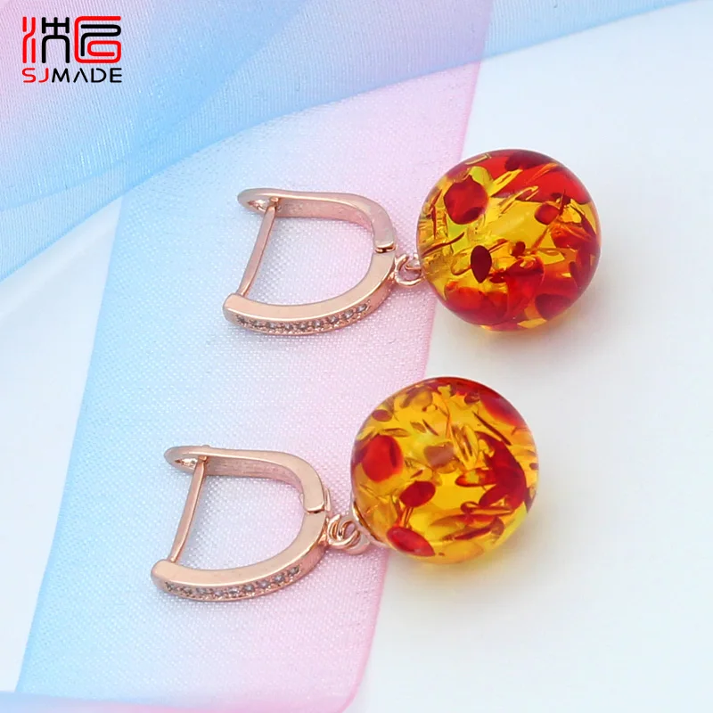 SHENJIANG New Vintage Fashion Round Flower Ambers Dangle Earrings 585 Rose Gold Color Eardrop For Women Wedding Jewelry