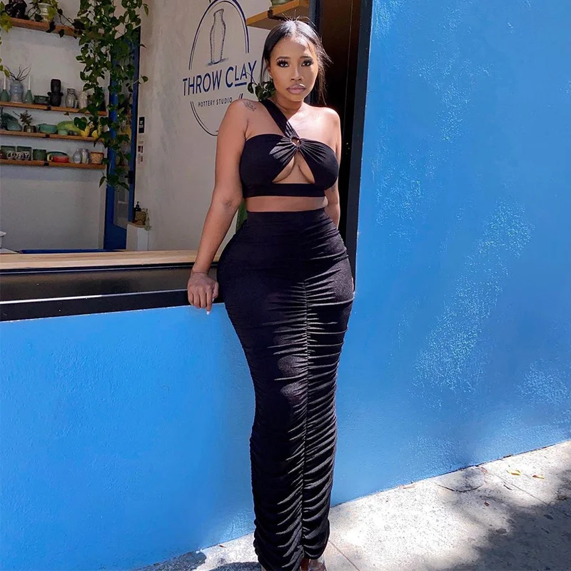 2021 Cropped Top And Long Skirt Two Piece Sets Bodycon Cut Out Night Club Partywear Co-ord Outfits Tight Women Suit