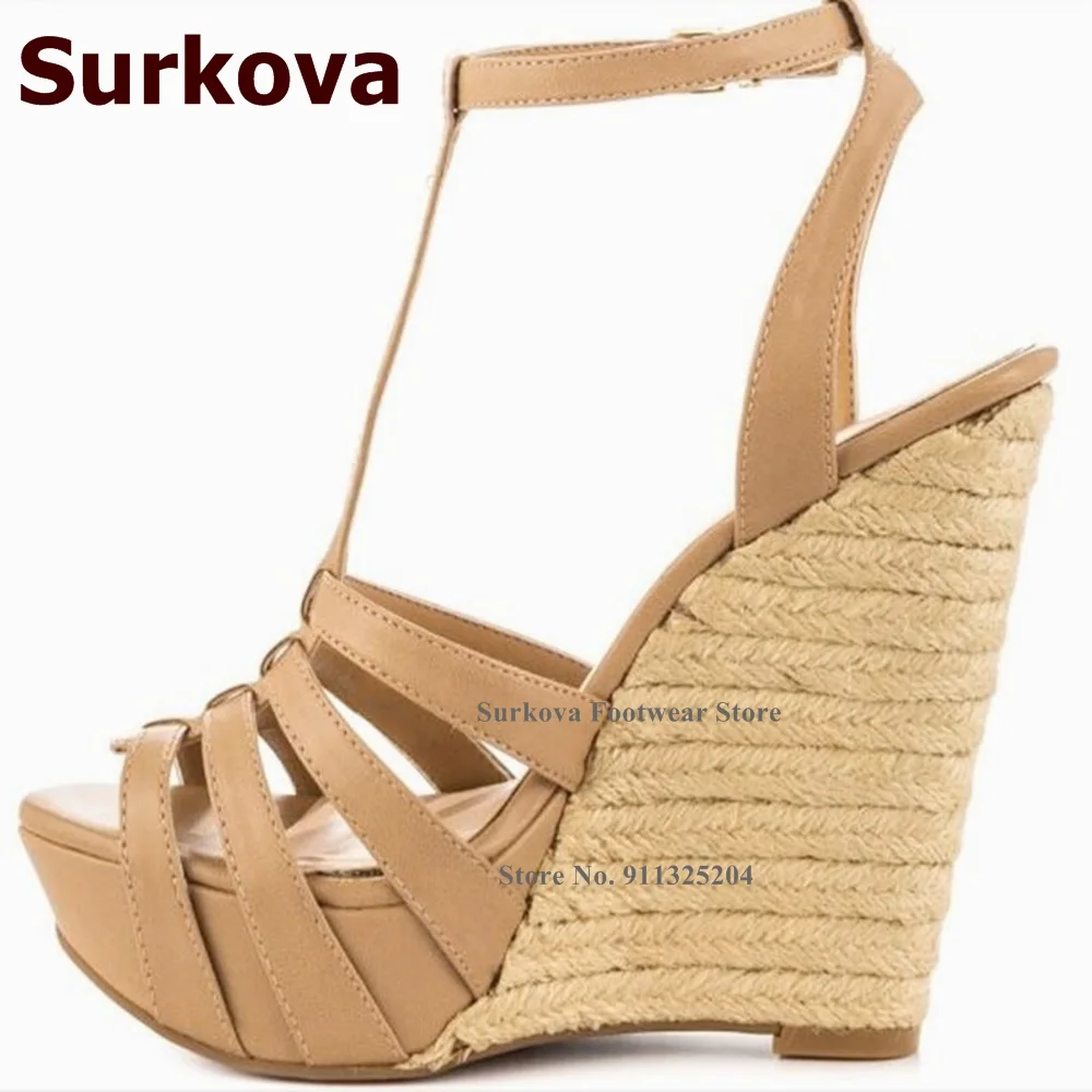 Surkova Rope Plaited Wedge Heel Sandals Platform Nude Matte Leather T-strap Dress Shoes Strappy Buckle Open Toe Nightclub Pumps