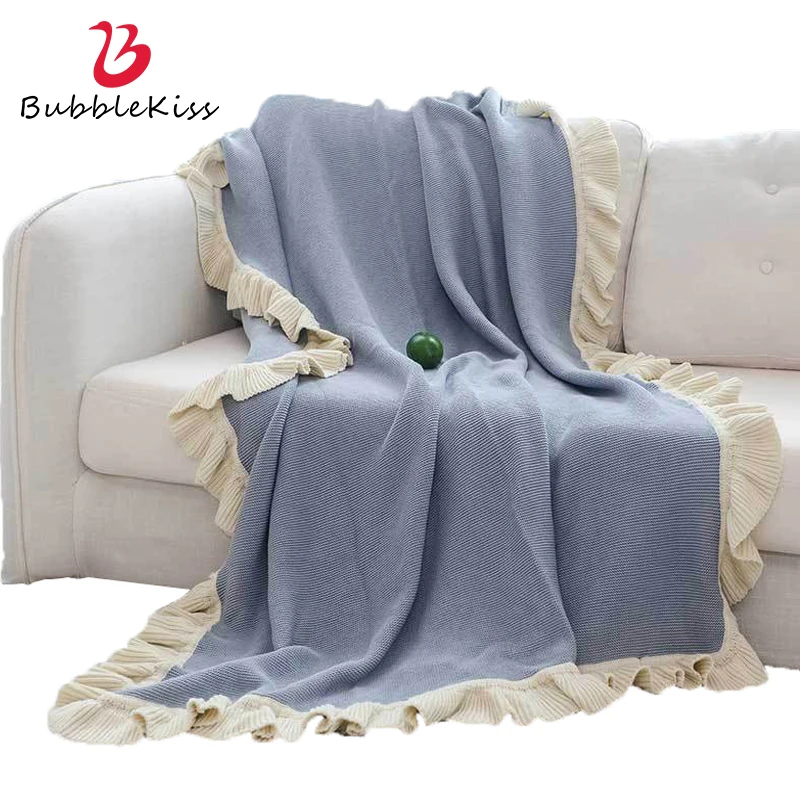 

Bubble Kiss Hot Sale Pure Cotton Throw Blanket Beige Lotus Leaf Edge Design Sofa Decorative Blanket Small Fresh Bedding Blanket