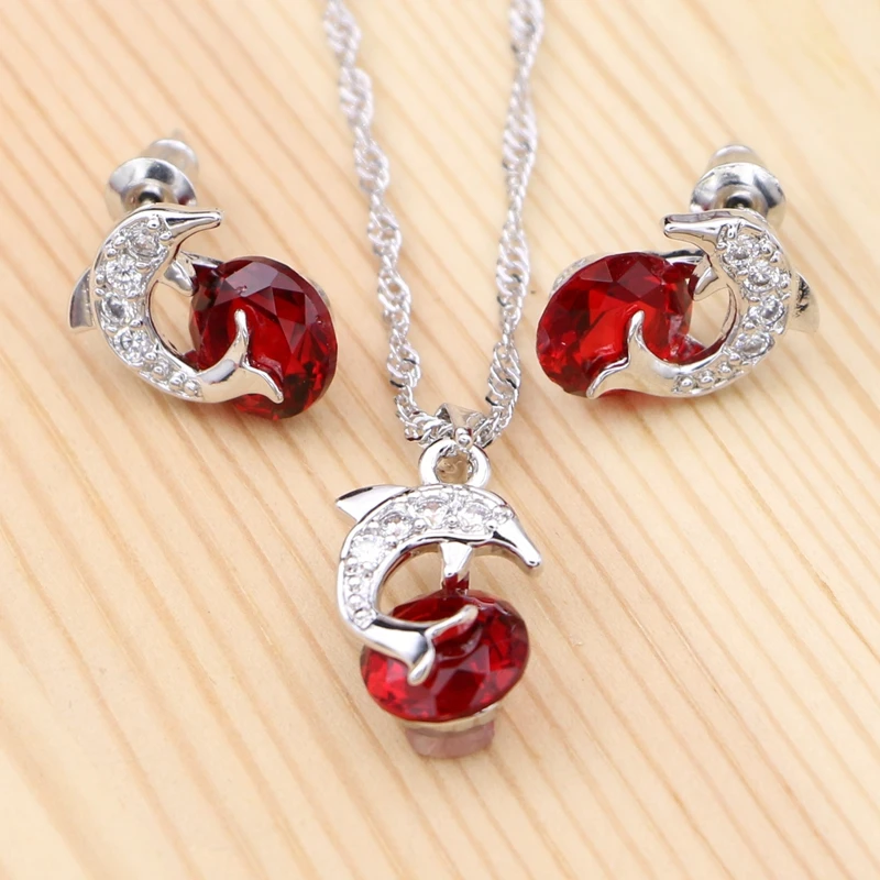 

Dolphin 925 Silver Bridal Jewelry Sets for Women Red Cubic Zirconia White Crystal Pendant Necklace Earrings