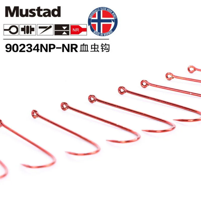 Original Mustad Hooks for Sea Fishing Pesca 90234 High Carbon Steel Hook Blood Worm Hooks Bait Barbed Peche Long Handle Hooks