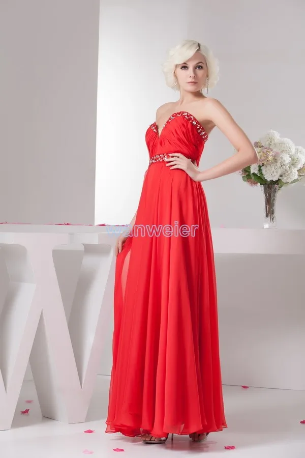 Vestido de dama de honor de gasa roja, nuevo diseño, moda de maternidad, cuentas de cristal personalizadas, Talla/color, sexy, envío gratis, 2014