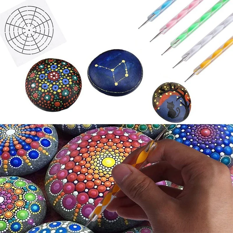 Mandala Dotting Stencil Tools Rock Painting Kit Ball Stylus Dotting Tools Include Stencil, Paint Tray (17 Pack)