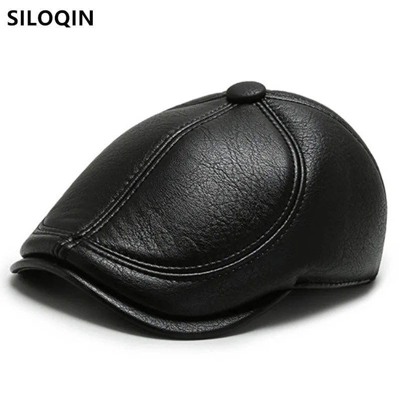 SILOQIN New Middle-aged Men\'s PU Leather Cap Winter Faux Leather Warm Berets Men Thick Earmuffs Hat Adjustable Size Tongue Caps