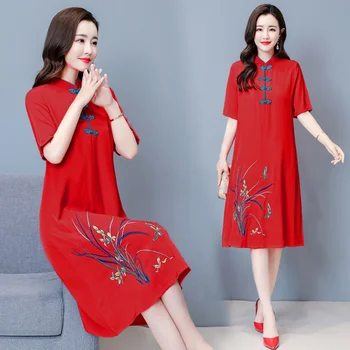 2021 M-4XL Plus Size Vintage Red Embroidery Chinese Traditional Qipao Casual Party Women Midi Dress Summer Cheongsam Dresses