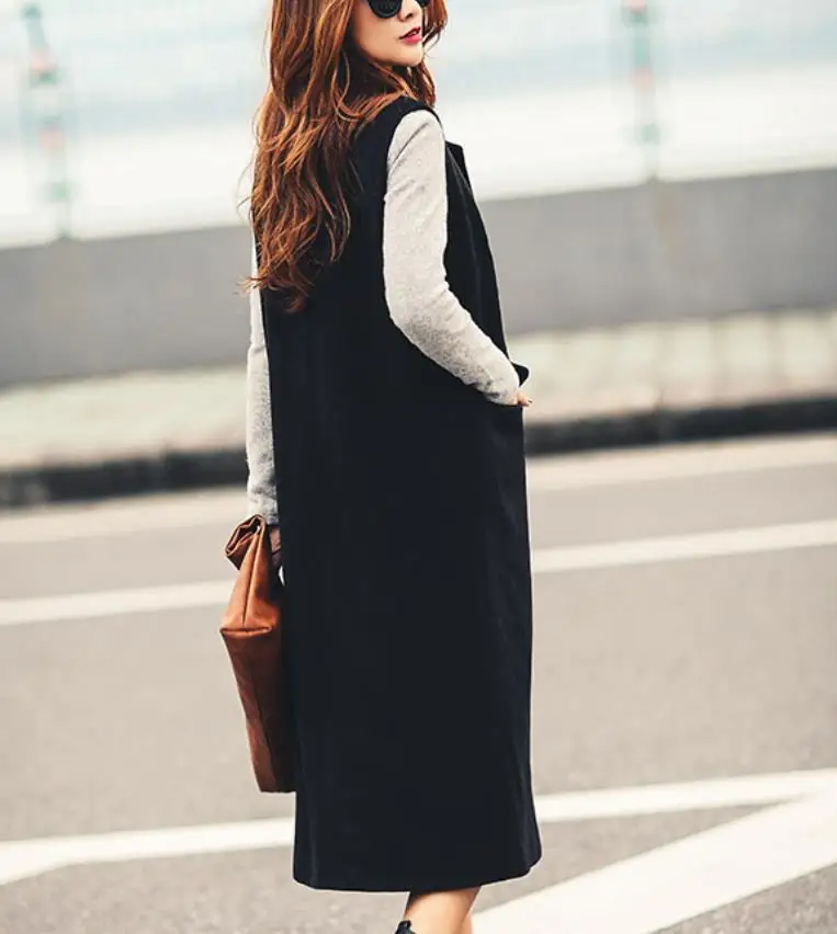 autumn winter long woolen vest women double breasted loose sleeveless top waistcoat