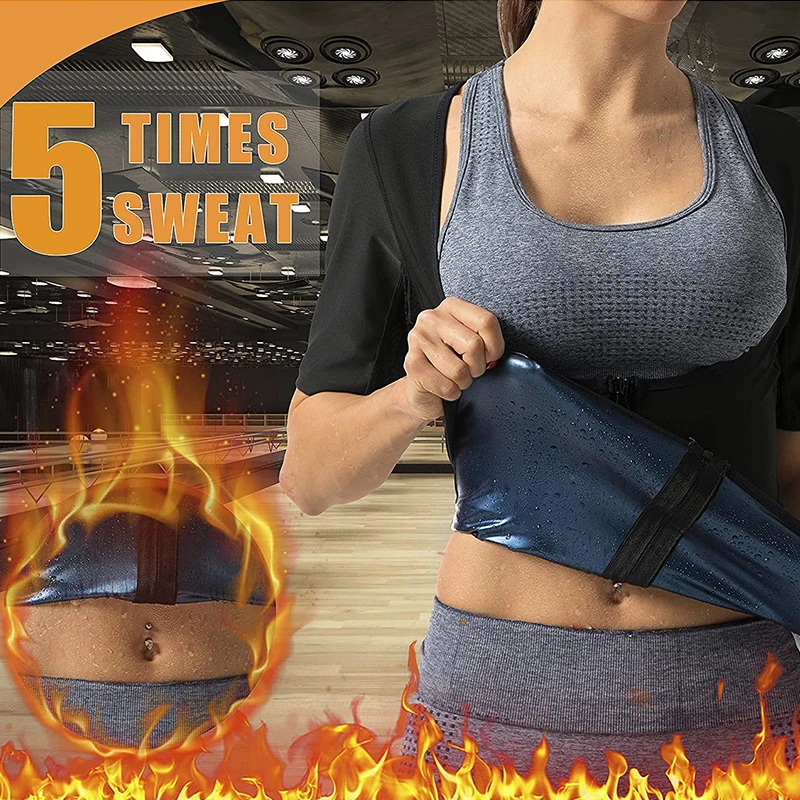 Women Sauna Vest Sweat Workout Shirt Zipper Compression Tank Top Heat Trapping Waist Trainer Body Shaper Fitness Shapewear Belt