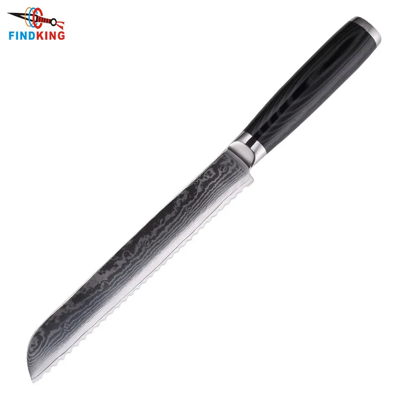 

FINDKING Mikata handle 8 inch damascus steel blade damascus sawtooth bread knife 67 layers damascus steel kitchen knife