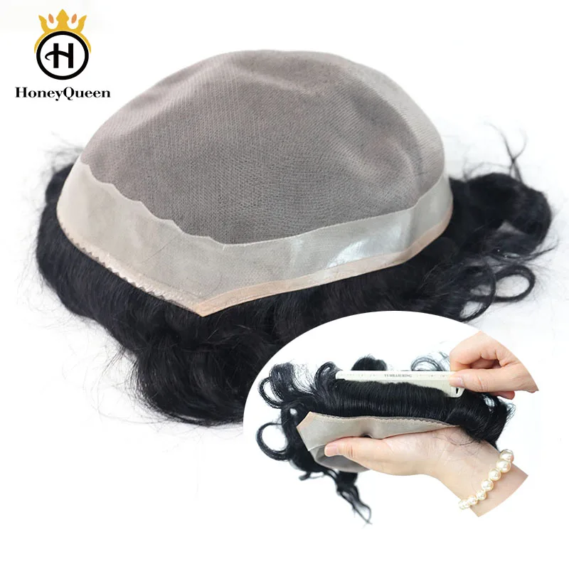 

Hair Toupee Men Natural Looking 100% European Human Hair Toupee Mono & PU Replacement System 1# Color Honey Queen Remy Hair