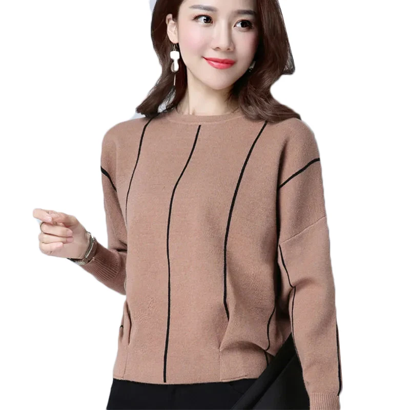 Spring Autumn New Women's Bat Sweater Korean Striped Loose Knitwear Sweater Female Long Sleeve Pullover Jumper Full Femme Q33