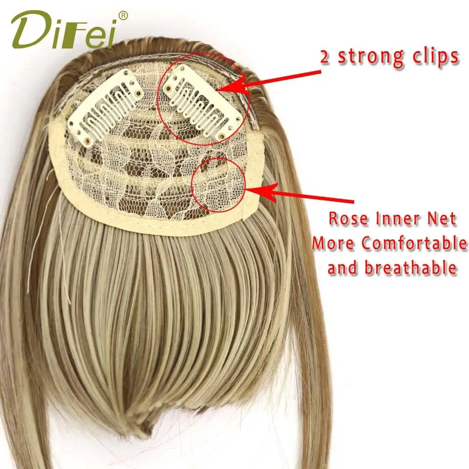 DIFEI-Fake Clip-On Franja extensões de cabelo, fibra sintética, franja com templos Hairpieces, alta temperatura, preto, marrom