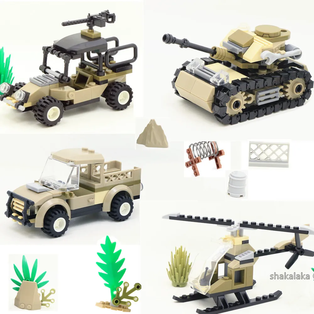 

4 In 1 World War 2 Tank Helicopter Car Soldier Military SWAT Army Model Building Blocks Figures Set Educational Toys Boys Gifts