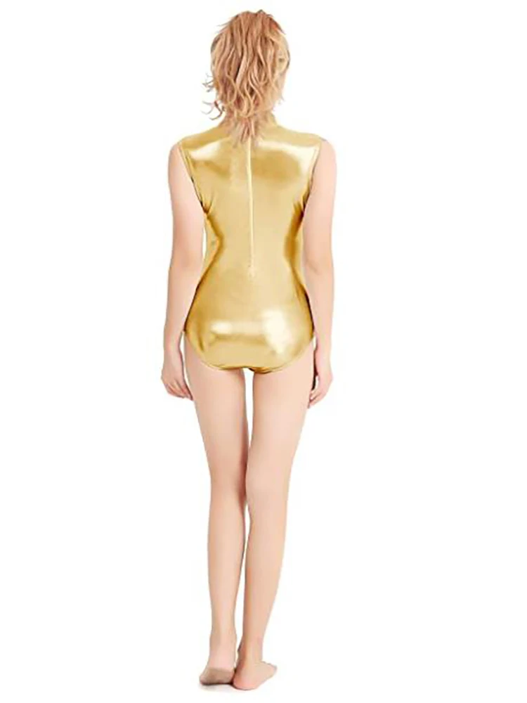 Speerise Womens Shiny Metallic Sleeveless Turtleneck  Dance Leotard Bodysuit With Zip Dance Tops