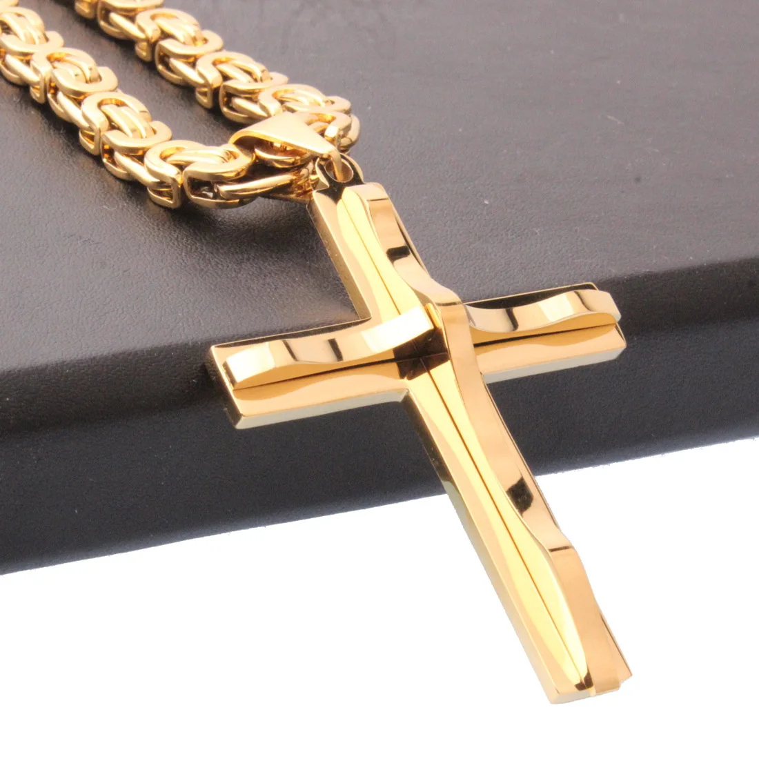 6mm Wide Link Byzantine Chain Choker Necklace for Father Gold Color Heavy Men Necklace Christian Cross Collar Jewelry