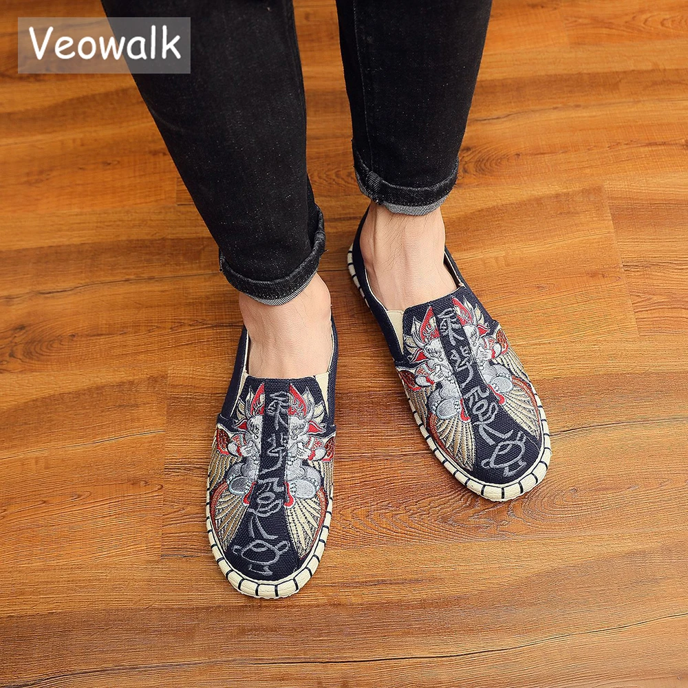 Veowalk Men Canvas Espadrilles Handmade Loafers Japanese Style Comfortable Slip On Driving Shoes Man Embroidered Flats