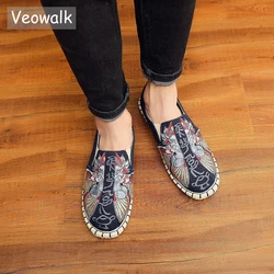 Veowalk Men Canvas Espadrilles Handmade Loafers Japanese Style Comfortable Slip On Driving Shoes Man Embroidered Flats