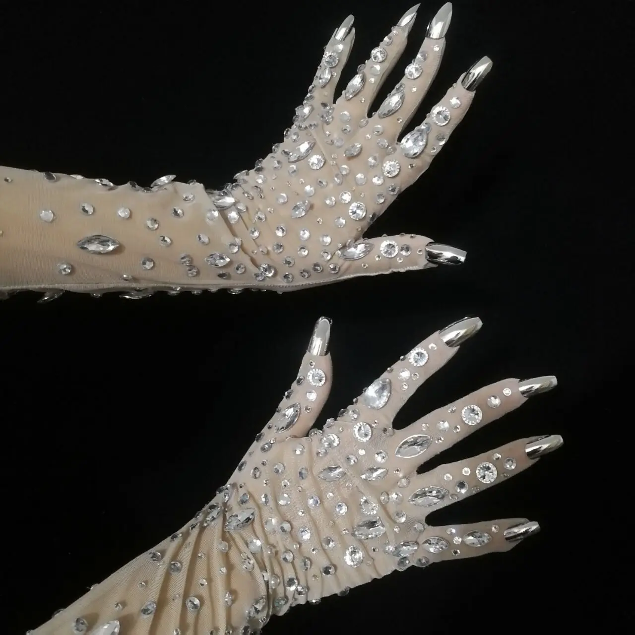 Silver Rhinestones Stretch Transparent White Gloves Bar Singer Ornament Crystals Stones Long Mittens Party Stage Accessories