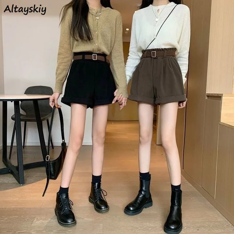 

Shorts Womens Autumn High Waist Solid Simple Retro Friends Corduroy Wide Leg Loose Elastic Female Korean Style A-Line Chic