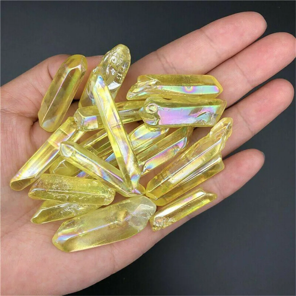 Wholesale Electroplated  Yellow Titanium Aura Lemurian Crystal Wand Point Healing Crystal Stone Decor Natural Quartz Crystals