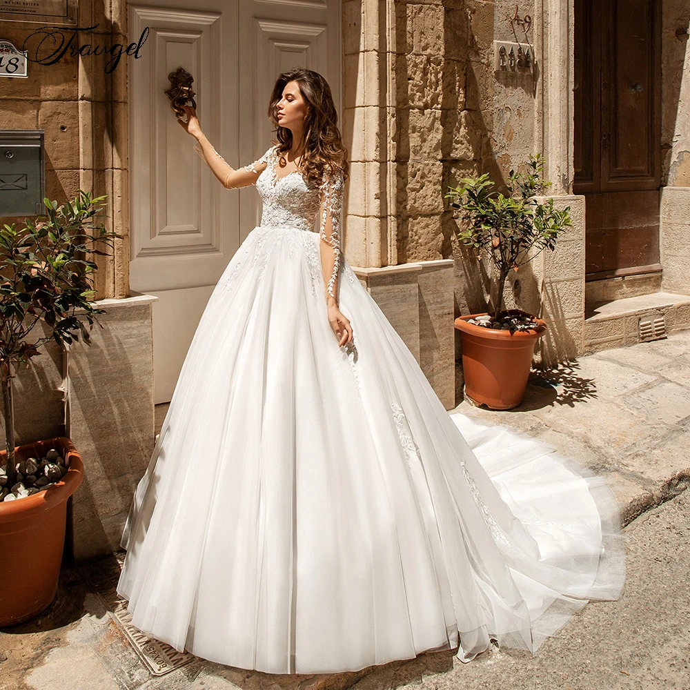 

Traugel Scoop A Line Lace Wedding Dresses Delicate Appliques Long Sleeve Button Bride Dresses Court Train Bridal Gown