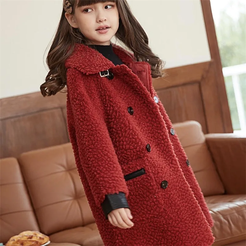 Lamb Wool Girls Baby\'s Kids Coat Jacket 2022 Thicken Winter Autumn Fur Teenage Mid-Length Buttons Outerwear Children\'s Clothing