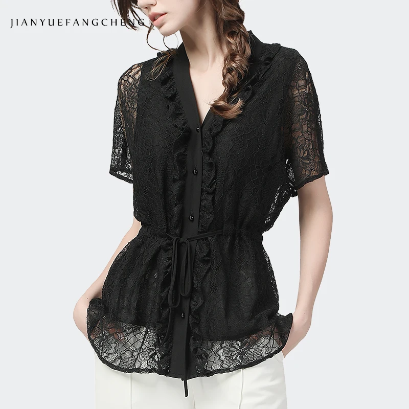 

Fashion Women Short Sleeve V-neck Black Lace Top Hollow Out V-neck Drawstring Design Single-breasted Shirts Vintage Blouses