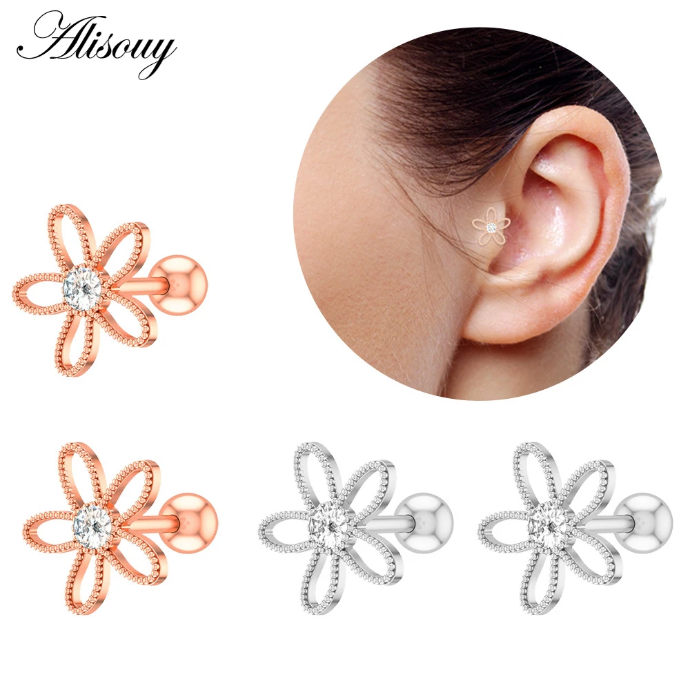 Alisouy 1PC Zircon CZ Leaf Heart Star Flower Ear Studs Cartilage Earring for Women Stainless Steel Small Ear Piercing Jewelry