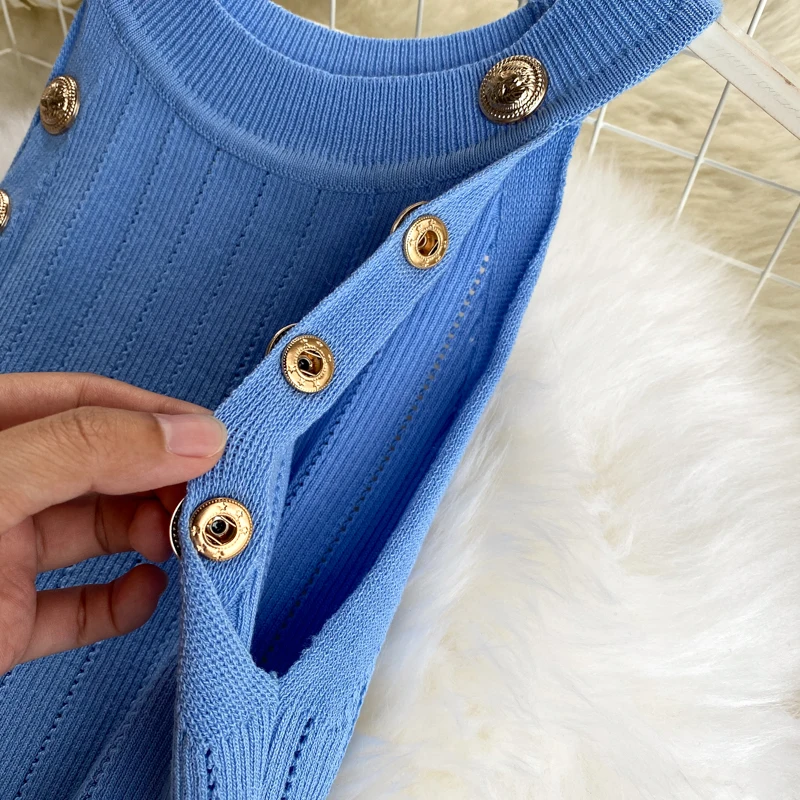 Summer Women\'s Knitting O-neck Off-shoulder Tank Tops Female Bodycon Knitted Buttons Camisole Sleeveless Tee shirts Women
