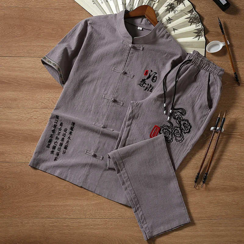 

Chinese Style Spring Summer Cotton Suit Men's New Ancient Style Casual Men Sets High Quality Tshirt Pants Men Size 5XL