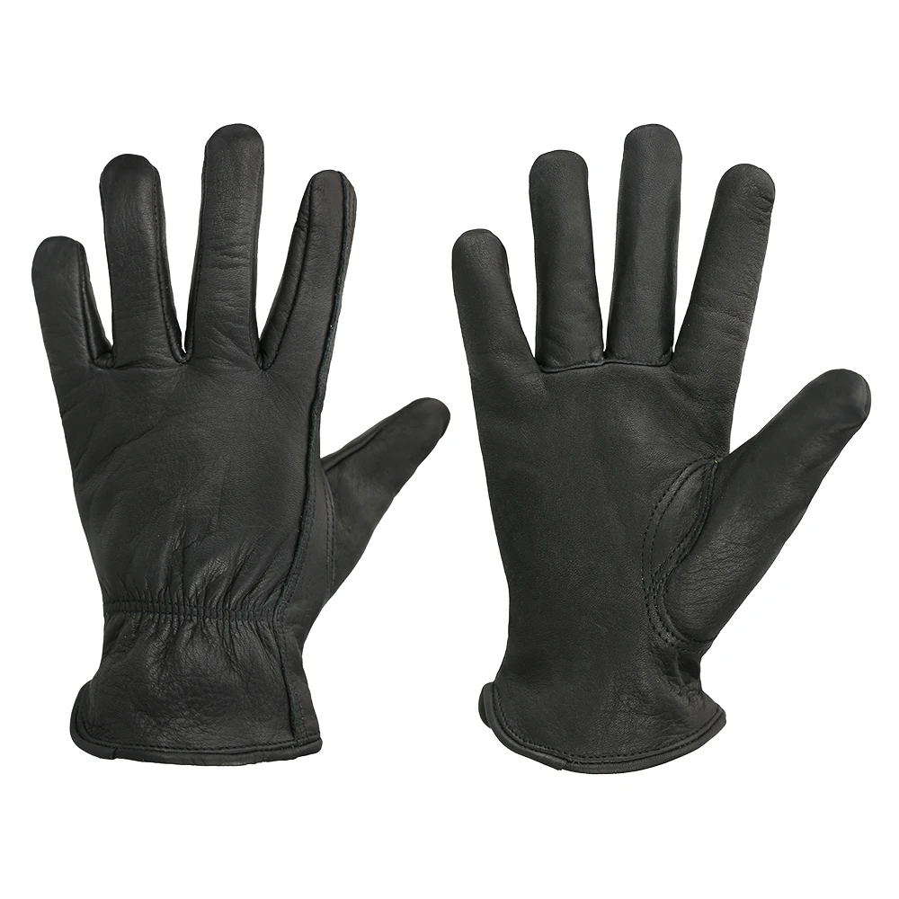 Black Working Gloves Leather Drivers Motorcycle Cowhide Safety Works Glove For Men Women No Lining