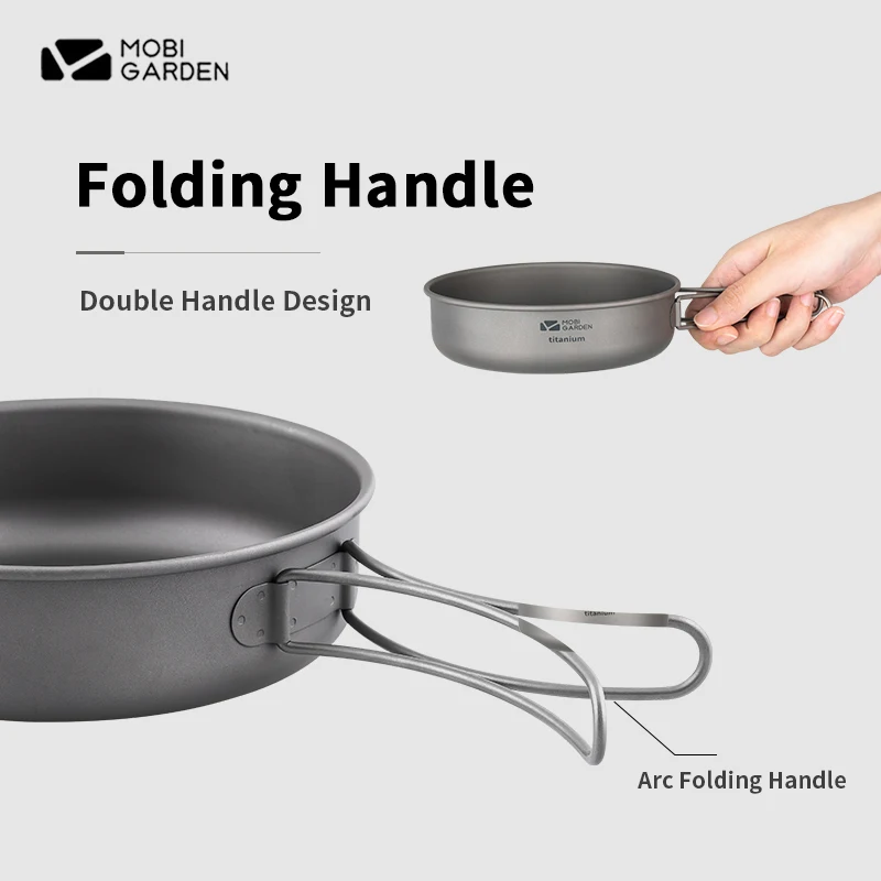 MOBI GARDEN Outdoor Cooking Tools Ultralight Folding Handle Titanium Frying Pan 1-2 Person Portable Steak Pan Picnic Kitchenware