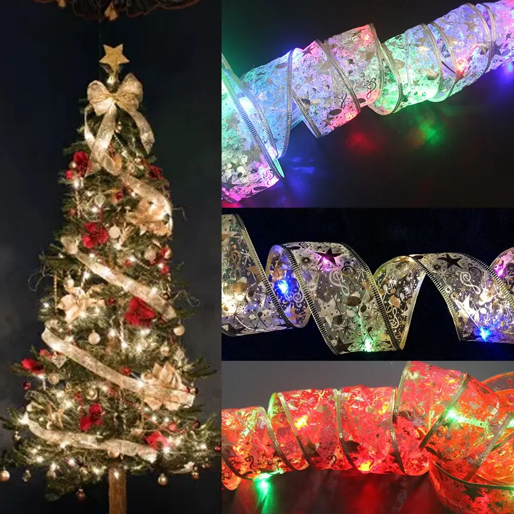 Christmas Ribbon with LED Lights Waterproof Christmas Tree Decorations Ribbon Bows Lights Xmas Wall Window Wedding Home Decor