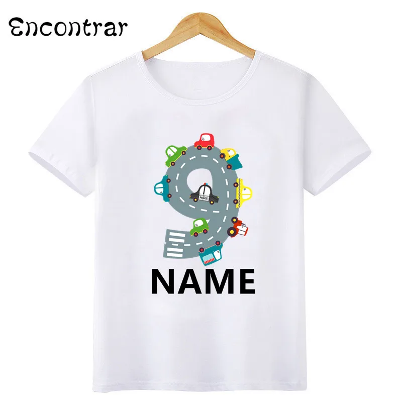 Different Car Print Birthday Boys T shirt 1 2 3 4 5 6 7 8 9 10 Years Customize Name Kids T-shirts Party Baby Girls Tops,HKP2498