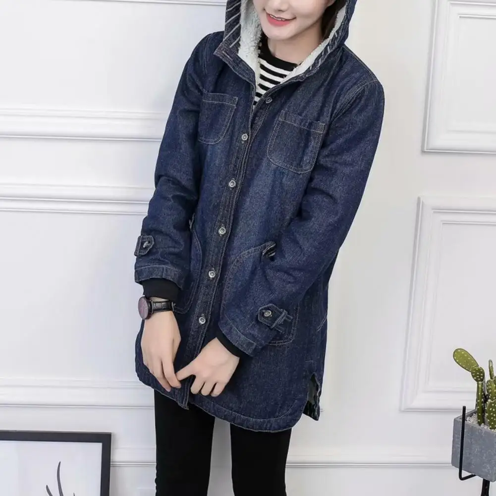 Attractive Denim Coat Skin-friendly Solid Long Sleeve Fleece Women Hooded Jacket for Winter