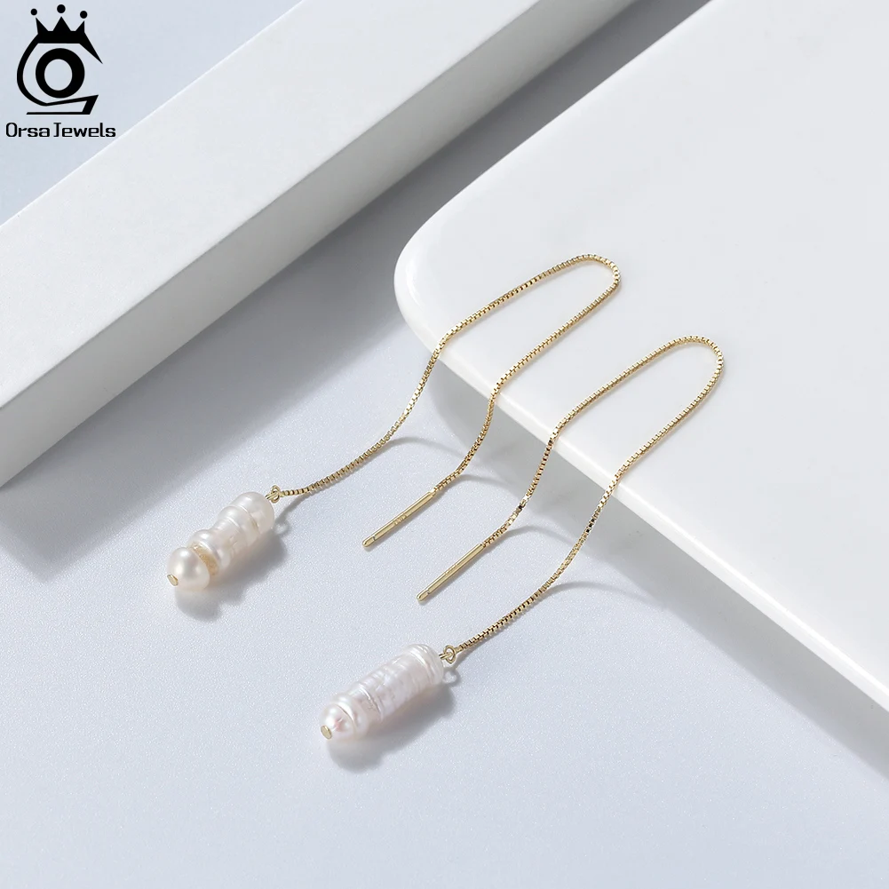 ORSA JEWELS 925 Silver Freshwater Pearl Long Tassel Earring Fashion Pearl Drop Earring for Women Girl Accessories Gift GPE07