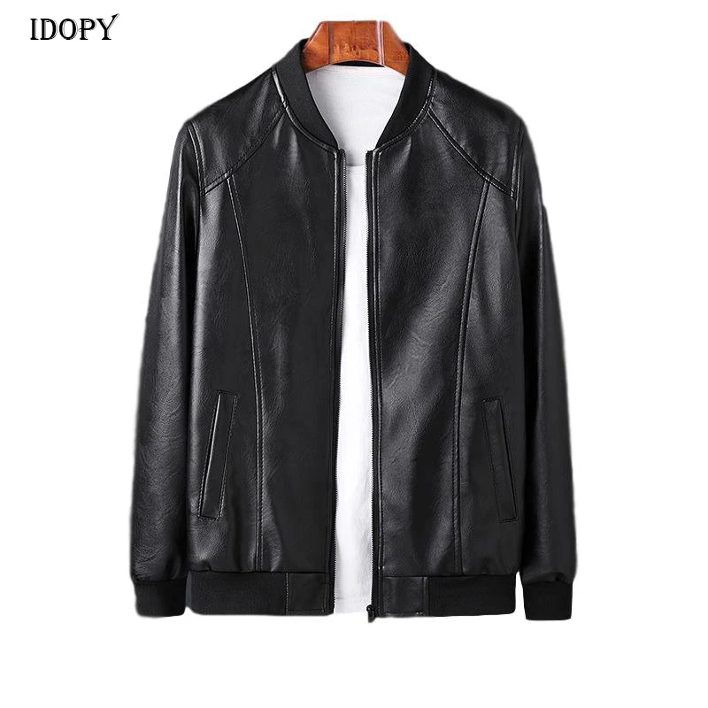 

Idopy Korean Fashion Baseball Faux Leather Jacket Stand Collar Rib Sleeves Slim Fit PU Soft Jacket and Coat Plus Size M-4XL